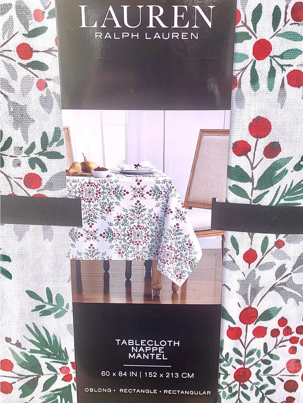 Lauren Ralph Lauren White Tablecloth with Red Berries Green Foliage NEW  60 X 84
